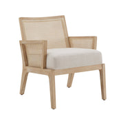 Armchair with Beige Fabric Upholstery and Natural Wood Frame