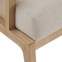 Armchair with Beige Fabric Upholstery and Natural Wood Frame