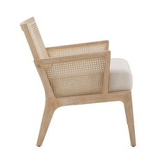 Armchair with Beige Fabric Upholstery and Natural Wood Frame