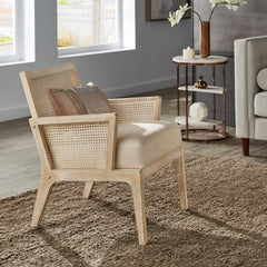 Armchair with Beige Fabric Upholstery and Natural Wood Frame