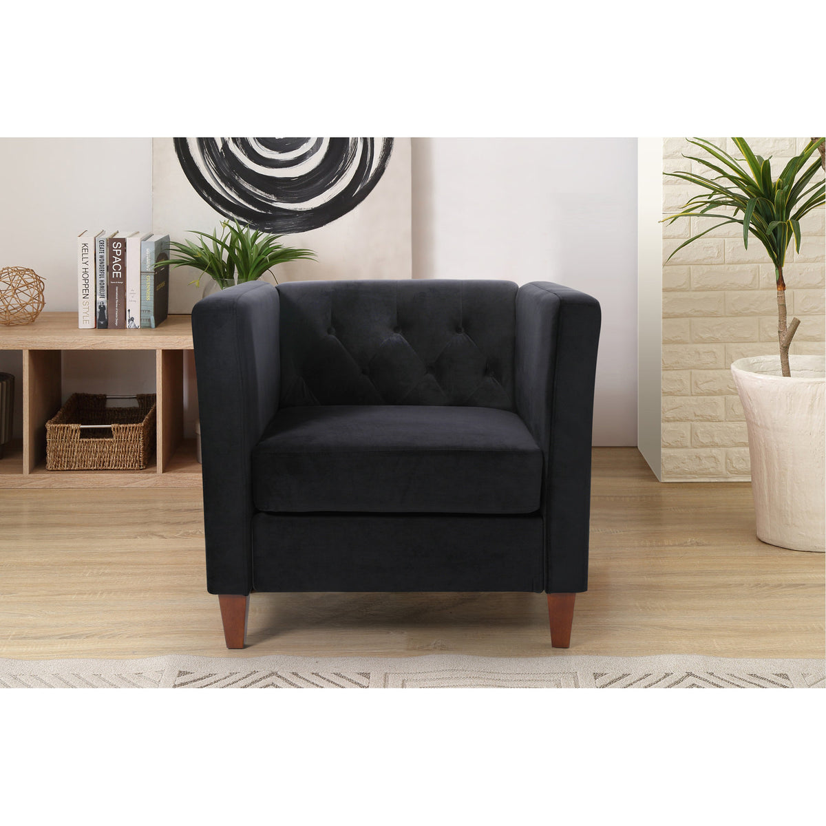 Armchair with Black Velvet Upholstery and Dark Brown Wood Legs