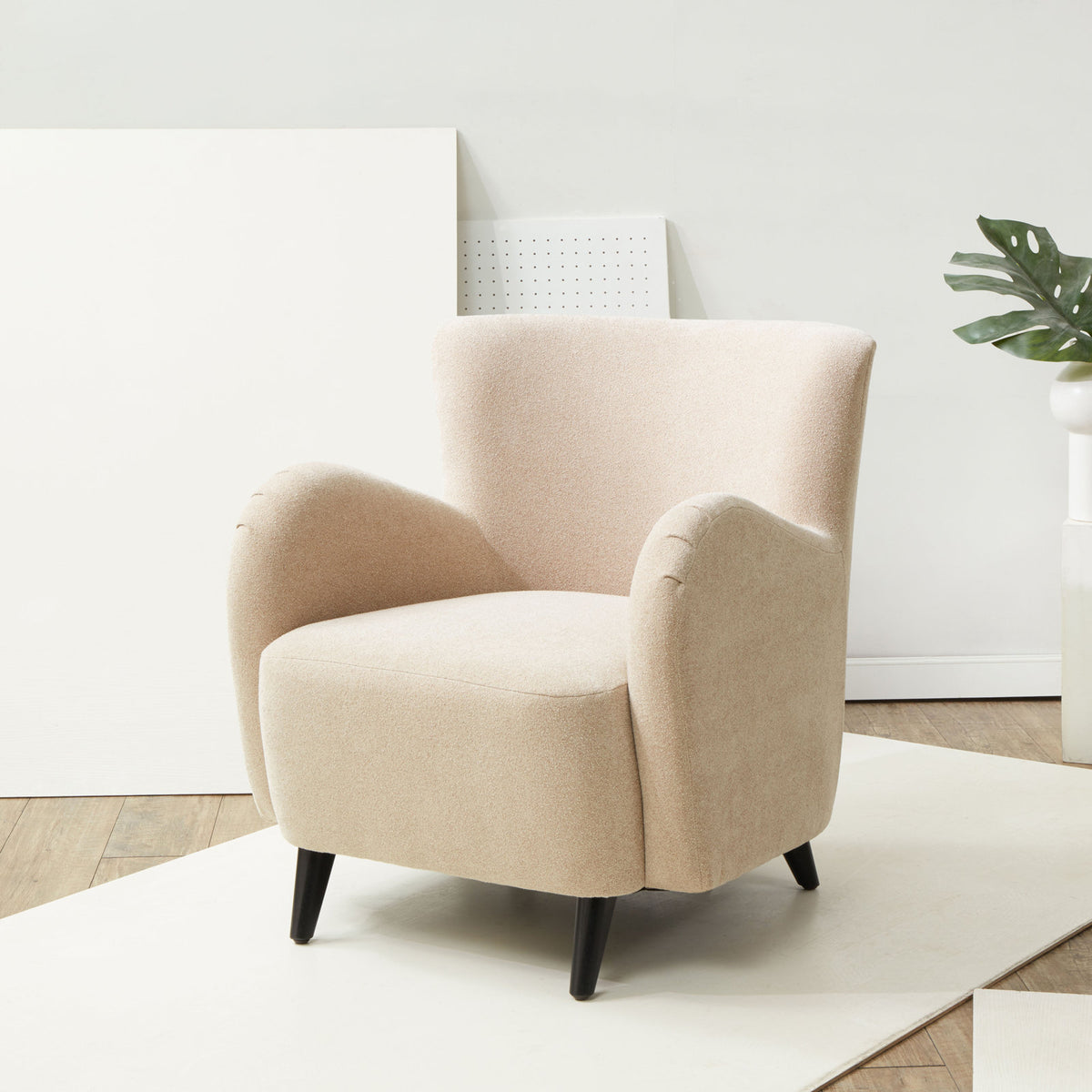 Armchair with Boucle Upholstery and Dark Brown Wood Legs