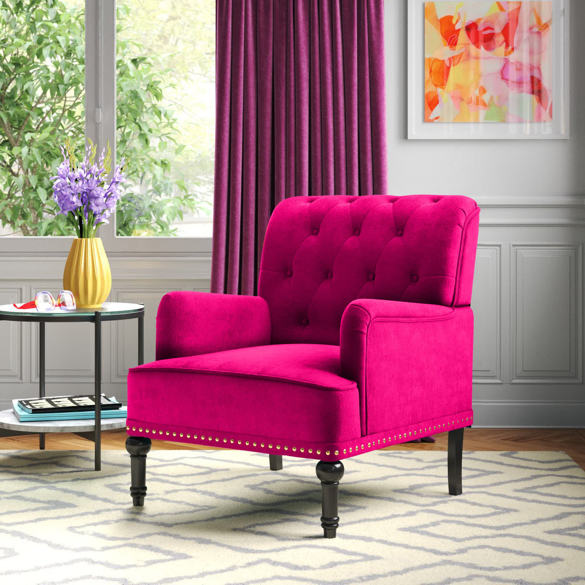 Armchair with Button-Tufted Back, Round Arms and Black Wood Legs