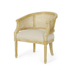 Armchair with Cane Back and Rubberwood Frame, Beige Fabric