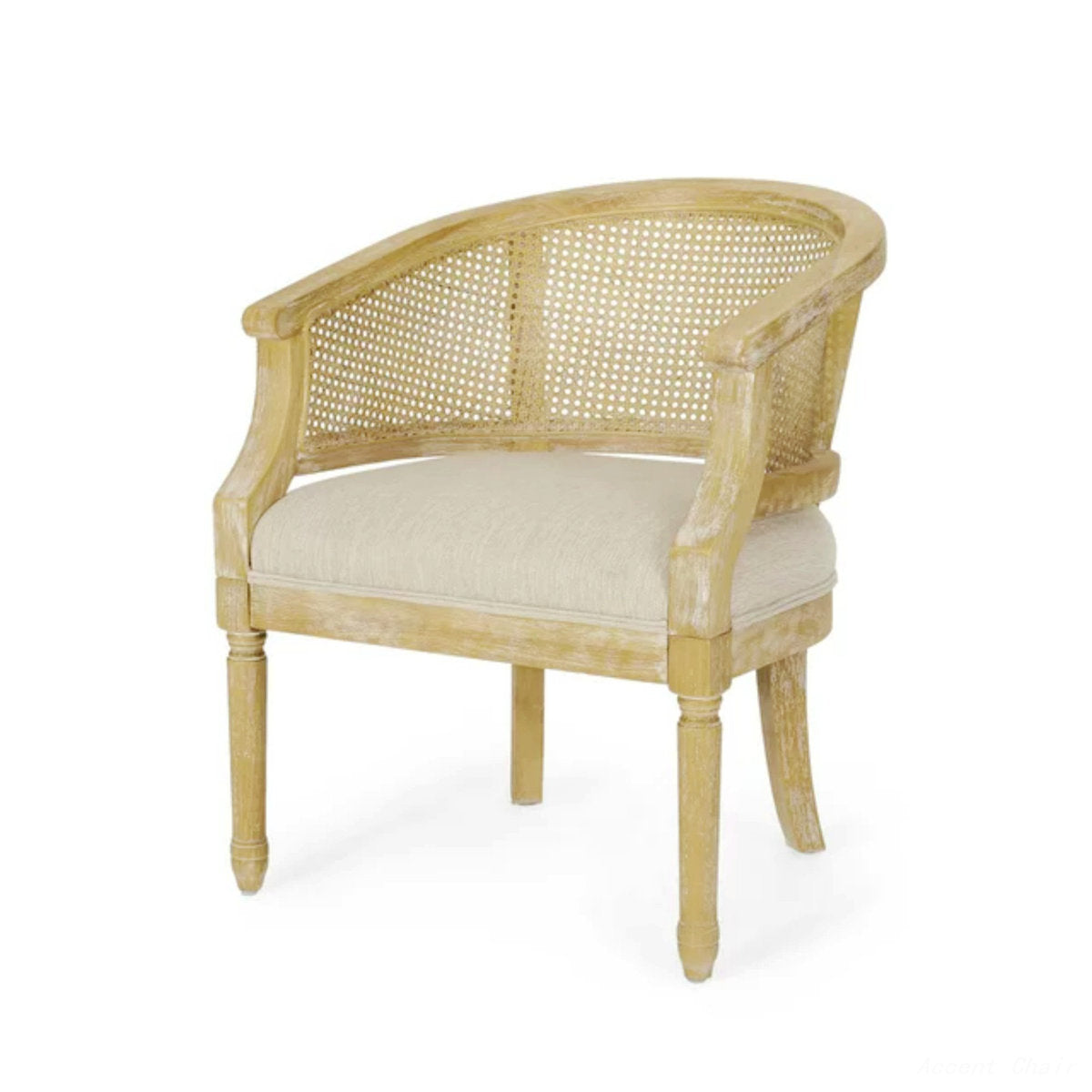 Armchair with Cane Back and Rubberwood Frame, Beige Fabric