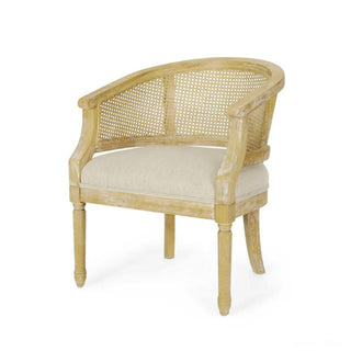 Armchair with Cane Back and Rubberwood Frame, Beige Fabric