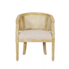 Armchair with Cane Back and Rubberwood Frame, Beige Fabric