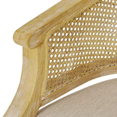 Armchair with Cane Back and Rubberwood Frame, Beige Fabric