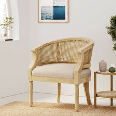 Armchair with Cane Back and Rubberwood Frame, Beige Fabric