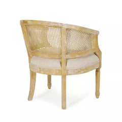 Armchair with Cane Back and Rubberwood Frame, Beige Fabric