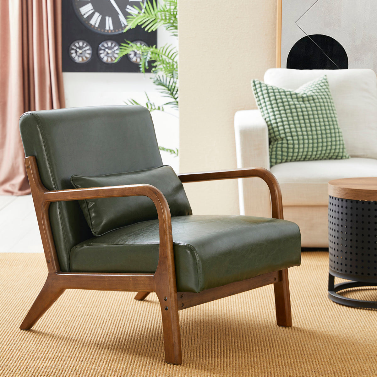 Armchair with Faux Leather Upholstery, Solid Wood Frame