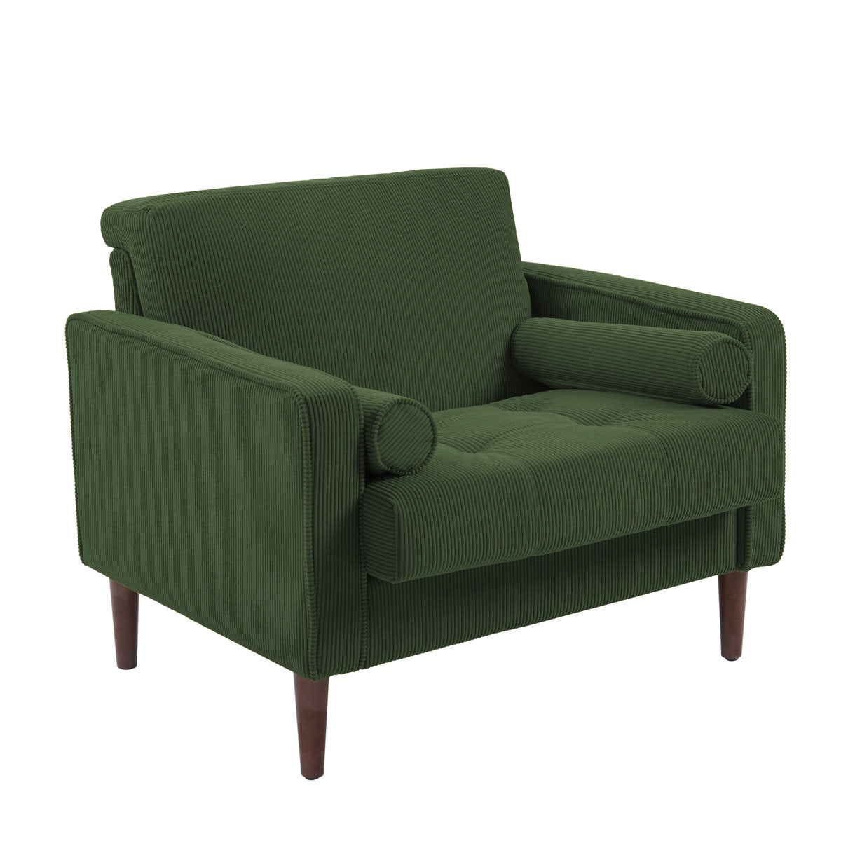 Armchair with Green Corduroy Upholstery and Walnut Brown Legs