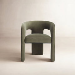 Armchair with Low Back and Wood Legs, Olive Green Velvet