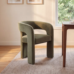 Armchair with Low Back and Wood Legs, Olive Green Velvet