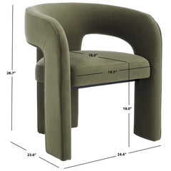 Armchair with Low Back and Wood Legs, Olive Green Velvet