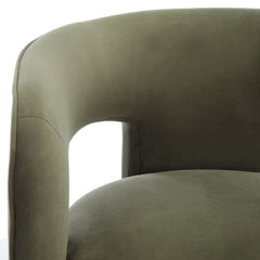 Armchair with Low Back and Wood Legs, Olive Green Velvet