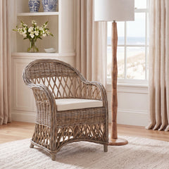 Armchair with Natural Wicker Frame and Cotton Upholstery