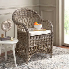 Armchair with Natural Wicker Frame and Cotton Upholstery
