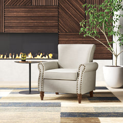 Armchair with Oatmeal Polyester Upholstery and Walnut Legs