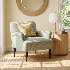 Armchair with Olive Chunky Houndstooth Cotton Upholstery and Espresso Legs
