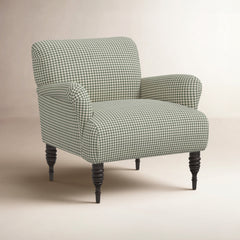 Armchair with Olive Chunky Houndstooth Cotton Upholstery and Espresso Legs
