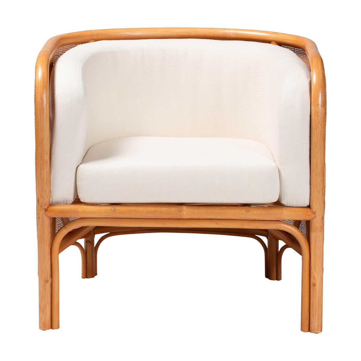 Armchair with Rattan Frame and White Upholstery