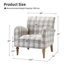 Armchair with Round Arms and Removable Legs in Gray Plaid Polyester