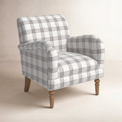 Armchair with Round Arms and Removable Legs in Gray Plaid Polyester