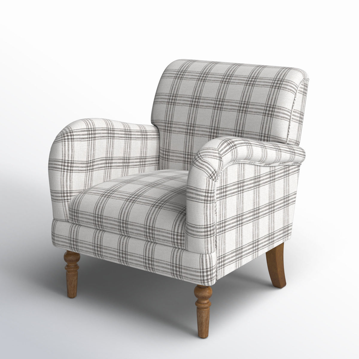 Armchair with Round Arms and Removable Legs in Gray Plaid Polyester