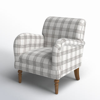 Armchair with Round Arms and Removable Legs in Gray Plaid Polyester