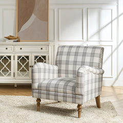 Armchair with Round Arms and Removable Legs in Gray Plaid Polyester