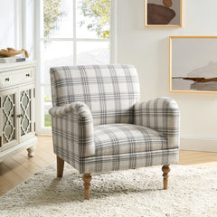Armchair with Round Arms and Removable Legs in Gray Plaid Polyester