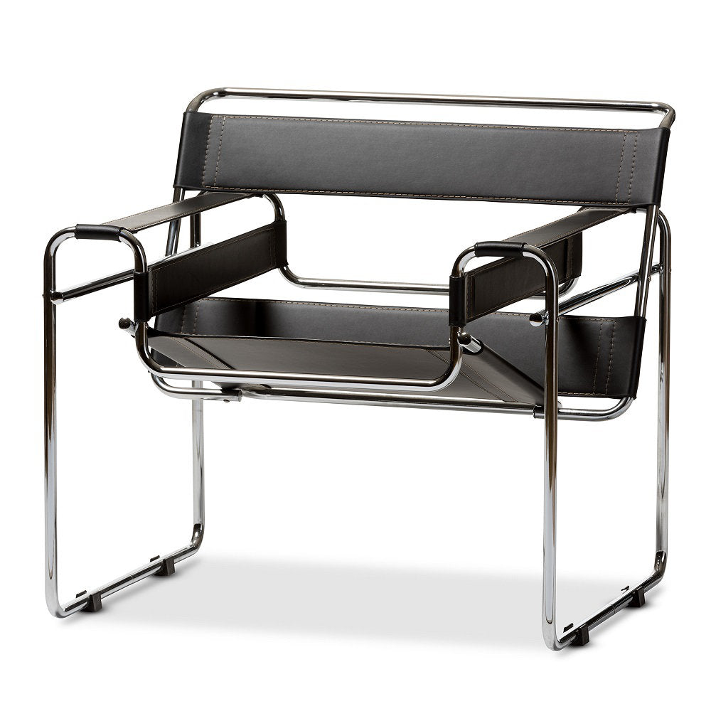 Armchair with Round Arms in Black Faux Leather and Chrome Legs