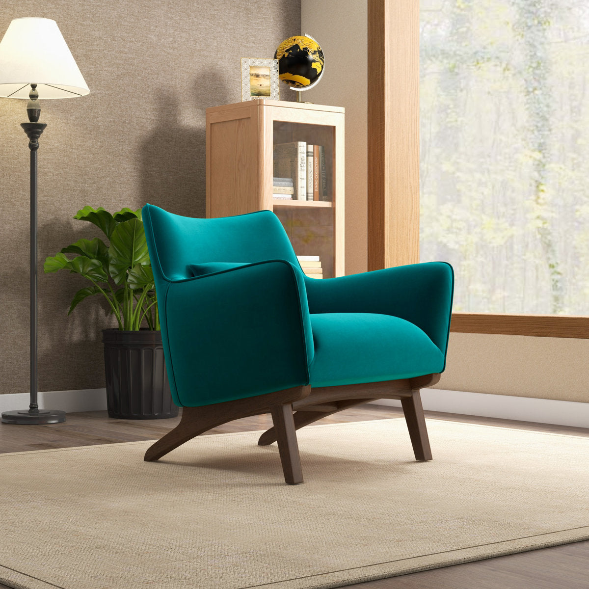 Armchair with Solid Pine Frame and Angled Brown Legs, Teal Velvet