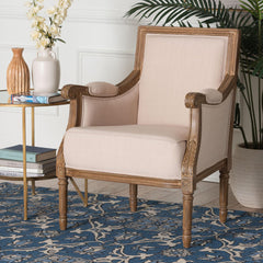 Armchair with Solid Wood Frame and Beige/Taupe Cotton Upholstery