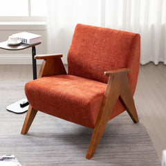 Armchair with Solid Wood Frame in Orange Chenille