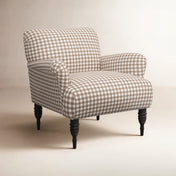 Armchair with Tan Gingham Plaid Upholstery and Espresso Wood Legs