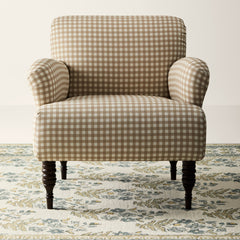 Armchair with Tan Gingham Plaid Upholstery and Espresso Wood Legs