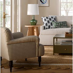 Armchair with Tan Gingham Plaid Upholstery and Espresso Wood Legs