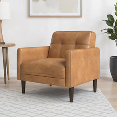 Armchair with Tufted Back in Cognac Brown Pebbled Faux Leather