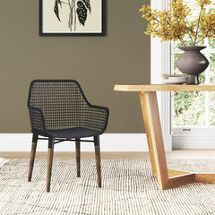 Armchair with Wicker Back and Solid Wood Legs in Black