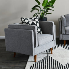 Armchair, Wood Frame, Gray Fabric with Brown Legs