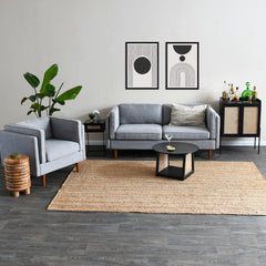 Armchair, Wood Frame, Gray Fabric with Brown Legs