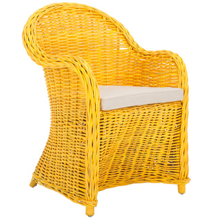 Armchair, Woven Rattan Wicker Frame with Beige Cotton Seat