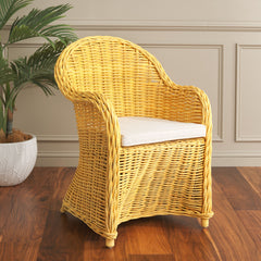 Armchair, Woven Rattan Wicker Frame with Beige Cotton Seat
