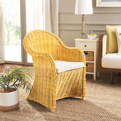 Armchair, Woven Rattan Wicker Frame with Beige Cotton Seat