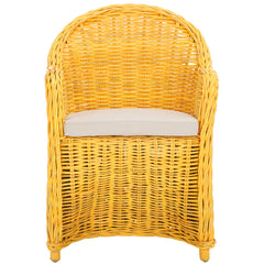 Armchair, Woven Rattan Wicker Frame with Beige Cotton Seat