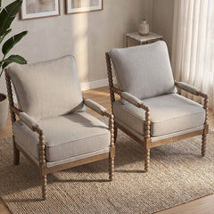 Armchairs, Set of 2, Beige Polyester with Solid Wood Frame
