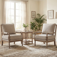 Armchairs, Set of 2, Beige Polyester with Solid Wood Frame