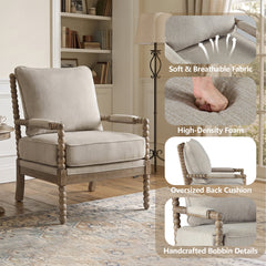 Armchairs, Set of 2, Beige Polyester with Solid Wood Frame